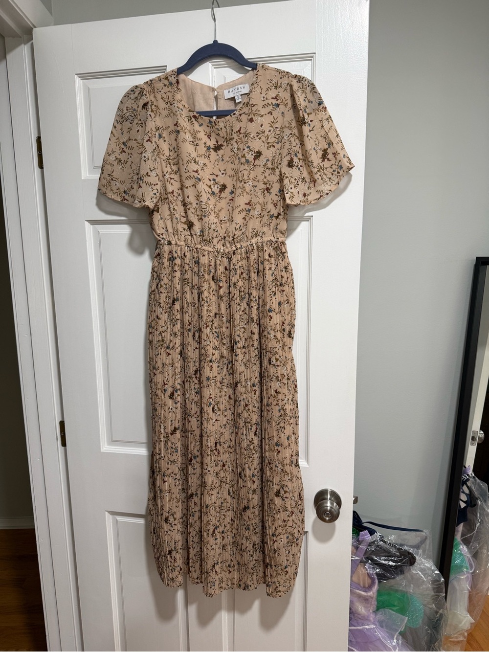 Hayden Beige Floral Maxi Dress with Pleated Skirt